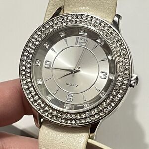 ALDO AL795 Beautiful White Faux Leather Rhinestone Silver Bezel Watch